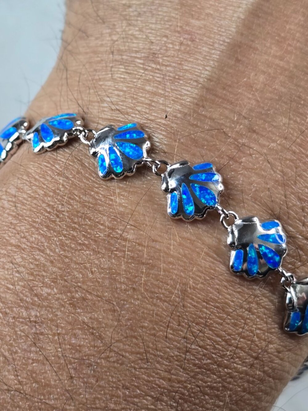 Womens Sterling Silver Blue Opal Sea Shell Bracelet 14.2g E4184 - Picture 4 of 4